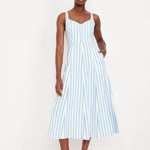 NEW Old Navy XL Extra Large Dress Blue Stripe Print Linen Blend Notch Neck Midi